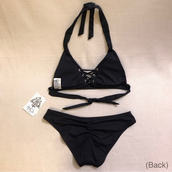 BECCA Modern Edge Ribbed Halter Bikini w/ Shirred Cheeky Bottoms LARGE Black - Picture 4 of 17